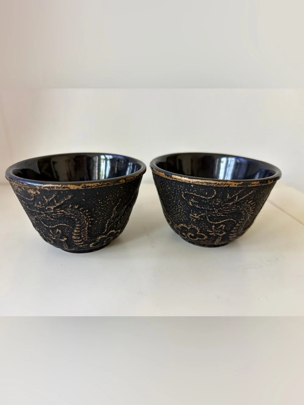 Vintage Japanese Cast Iron Teapot (no lid) Set with Gold Embossed cups
